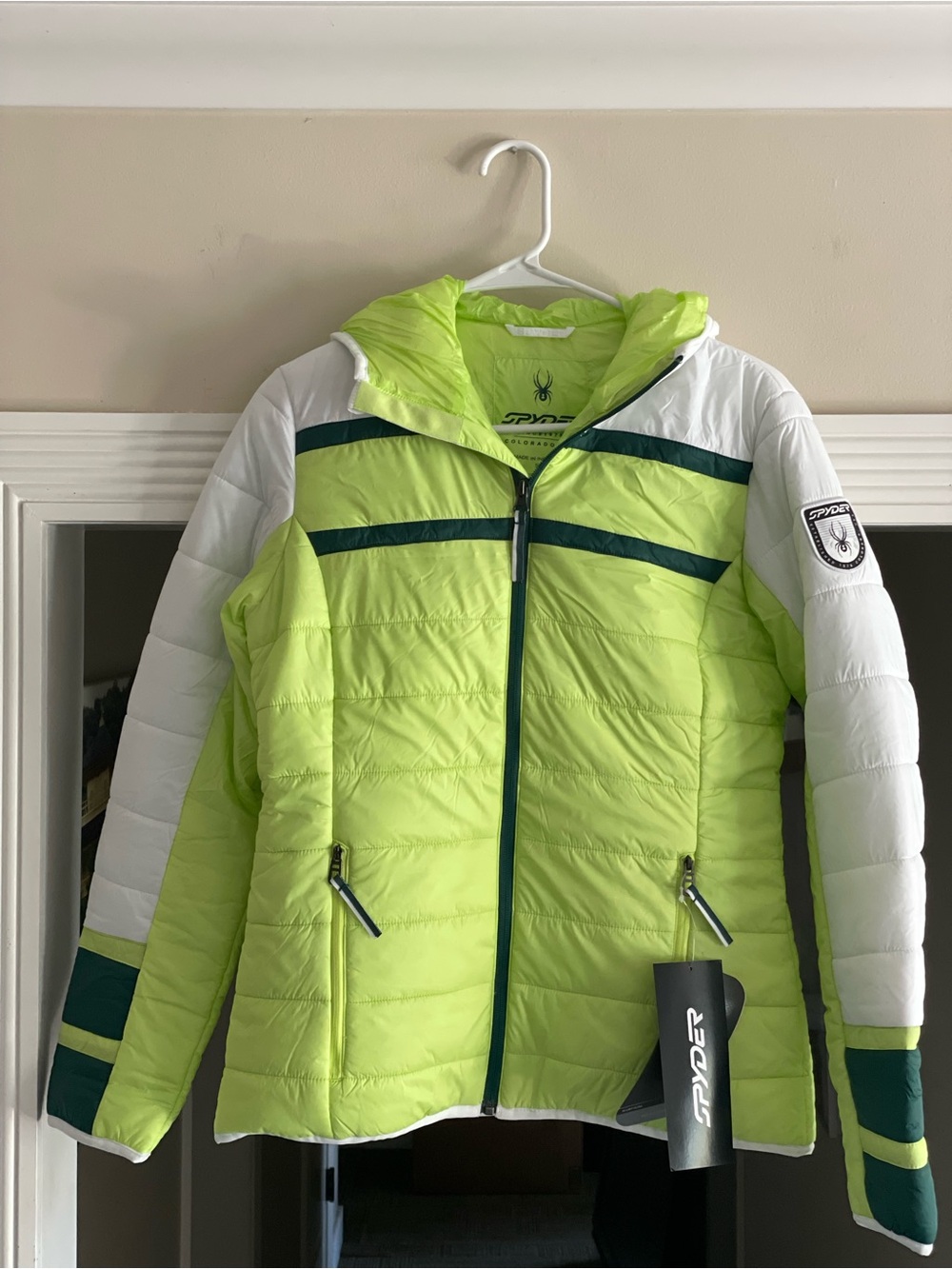 Spyder Women's Neon Lime/White Ski Puffer Jacket with Teal Accents-Small-NWT